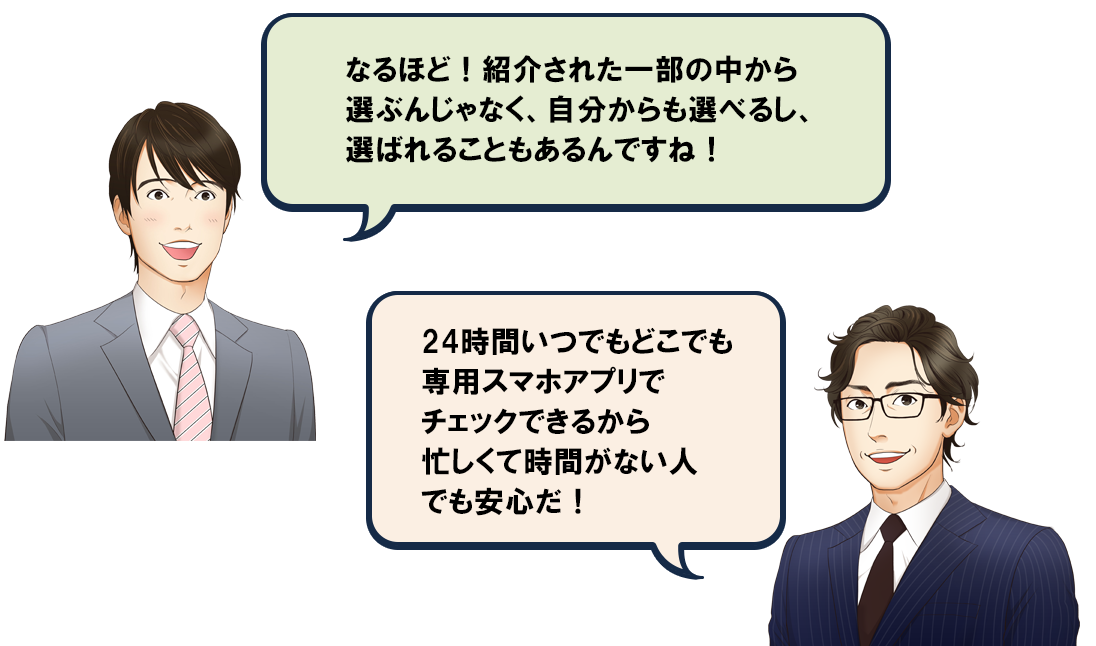 なるほど！紹介された一部の中からえらぶんじゃなく、自分から選べるし、選ばれることもあるんですね！